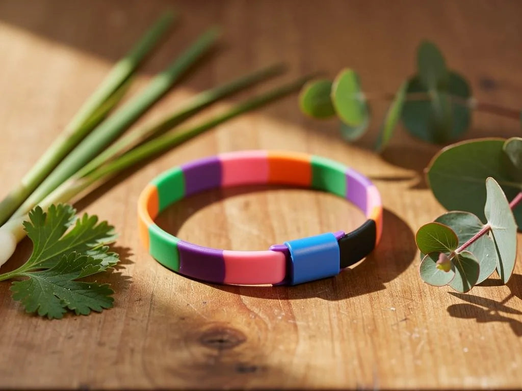Place this anti-mosquito wristband on a wooden table surrounded by fresh lemongrass, geranium and eu