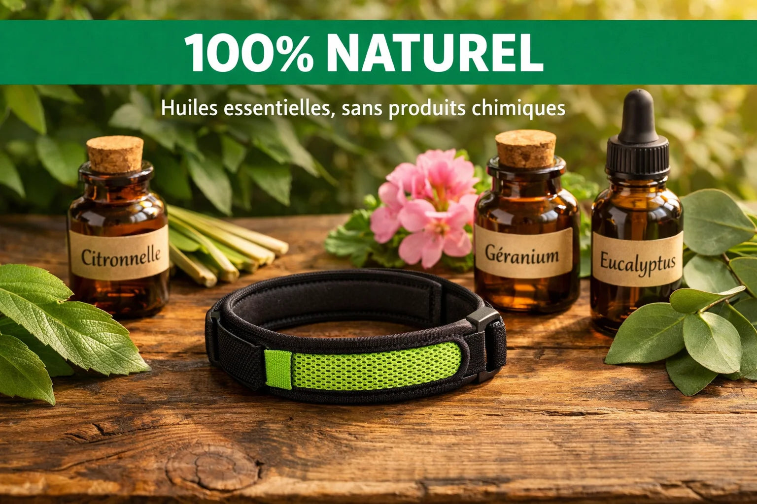Place this anti-mosquito bracelet on a rustic wooden table surrounded by natural essential oil bottl